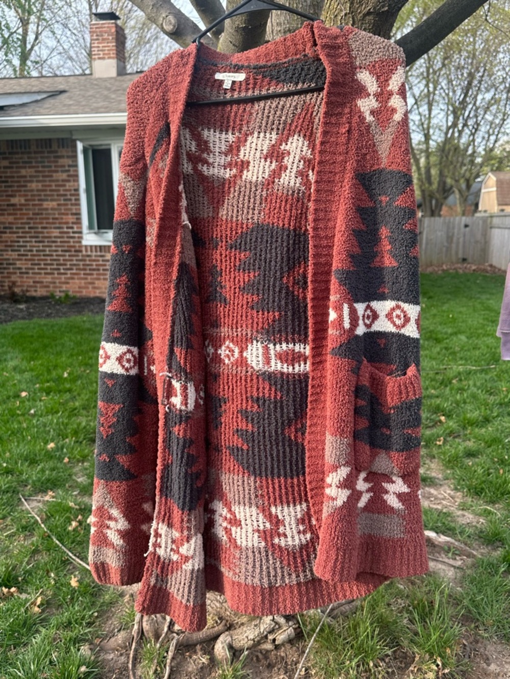 JODIFL Rust Red Aztec Open-Front Knit Cardigan with Cream & Black Accents